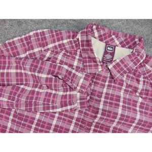 REI Button Down Shirt Womens Large Purple Plaid Hiking Gorpcore Outdoors